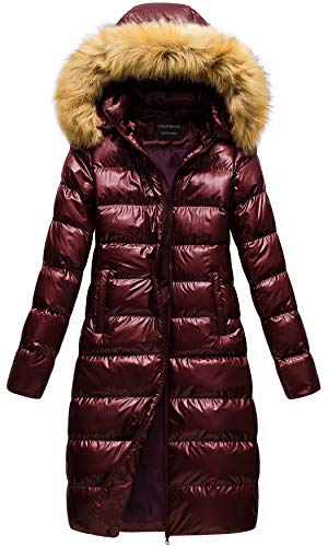 CREATMO US Women's Long Winter Faux Fur Coat Puffer Warm Jacket with Detachable Hood - color: Shine Wind Red, size: Small