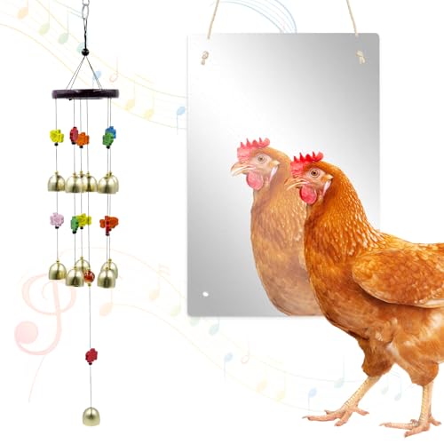 Chicken Coop Accessories, 2-in-1 Acrylic Mirror and Wind Chime Beak Toys Set, Chicken Toys for Coop, Enrichment Toys for Hens, Ducks, Geese, Turkeys, Poultry