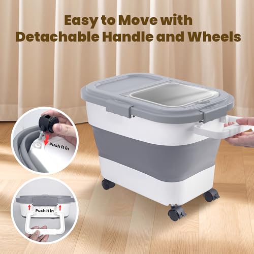 HOYTAMDA 20-30Lbs Rice Container,Collapsible Airtight Food Storage Containers with Wheels,Handle,Rice Storage Container with Small Bin and Scoop - color: Grey/20-30lbs