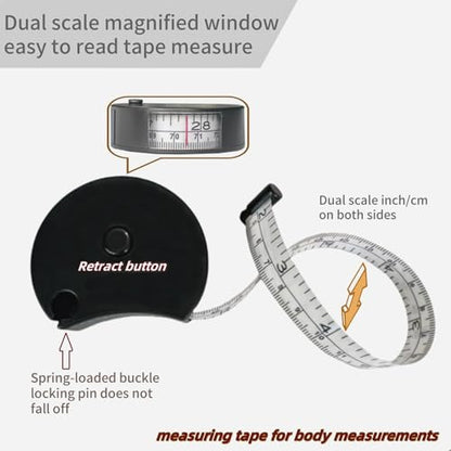 Tape Measure Body Measuring Tape Window Reading Retractable Soft Dual-Scale Tape with Lock Button for Weight Loss Muscle Building Sewing Tailor pet & Medical Measurements 60inch Fashion Tape - color: black