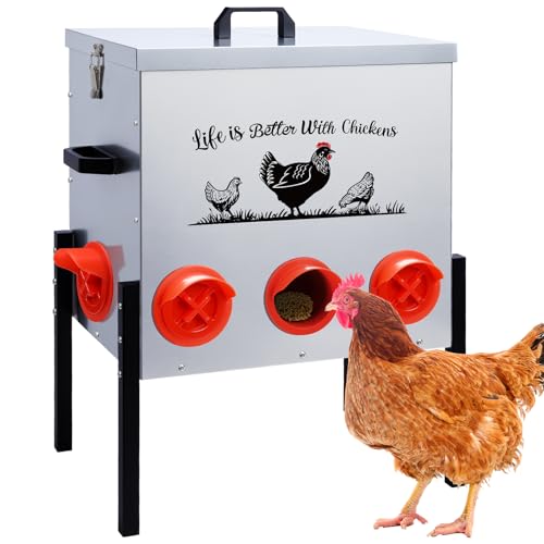 50LB Automatic Chicken Feeder–8 Feeding Ports No-Waste Galvanized Metal Chicken Feeder Box with Adjustable Legs & Locking Lid Poultry Feeder for Chickens,Ducks,Geese,Rust-Resistant - size: 50LB