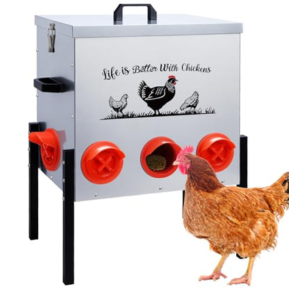 50LB Automatic Chicken Feeder–8 Feeding Ports No-Waste Galvanized Metal Chicken Feeder Box with Adjustable Legs & Locking Lid Poultry Feeder for Chickens,Geese,Ducks,Rust-Resistant - color: 50 LB