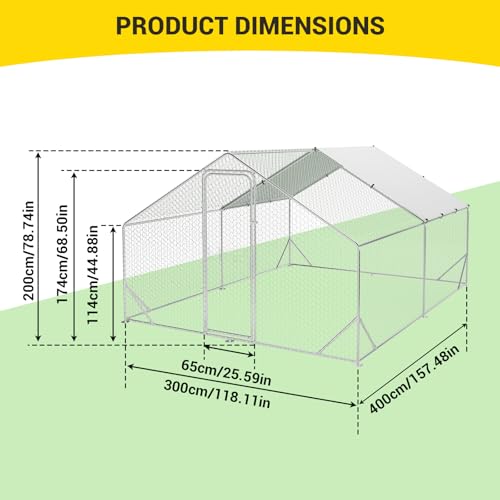 9.8' x 13.1' x 6.6' Chicken Coop Run, Galvanized Steel Chicken Pen with Anti-Ultraviolet Waterproof Cover, Spire-Roof Walk-in Poultry Cage, Metal Chicken Coop for Outdoor Farm Use - size: 9.8' W x 13.1' D x 6.6' H