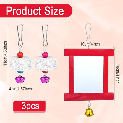 3 Packs Chicken Toys for Coop, Hen Chicken Coop Mirrors Bird Toy with Bells Hanging Parrot Grindstone Bird Beak Stones for Chicks Parrots Birds Hens - color: Red