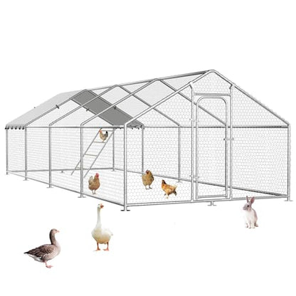 Large Metal Chicken Coop with Roosting Perch, Waterproof and UV Protection Cover, Chicken Run Outdoor Walk-in Cage Chicken Rabbit Duck Hen House for Yard Farm Use Spire Roof (10’ W x 26.2’ L x 6.4’ H) - size: 315.0"L x 118.0"W x 78.0"H
