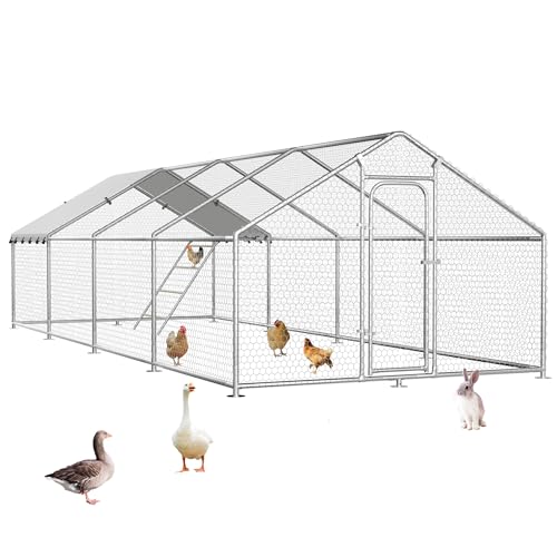 Large Metal Chicken Coop with Roosting Perch, Waterproof and UV Protection Cover, Chicken Run Outdoor Walk-in Cage Chicken Rabbit Duck Hen House for Yard Farm Use Spire Roof (10’ W x 26.2’ L x 6.4’ H) - size: 315.0"L x 118.0"W x 78.0"H
