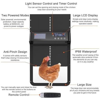 Automatic Chicken Coop Door Solar Powered Electric Opener Screen Remote Control Chicken Coop Door with Timer Light Sensor
