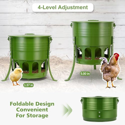 Tgeyd Metal Bucket Chicken Feeder, 20LB Large Capacity Poultry Feeder with 12 Feeding Ports & Dual-Cone No-Waste Design, Adjustable Height & Foldable for Storage, Rust-Proof for Chickens, Ducks, Quail | Organometallic coating