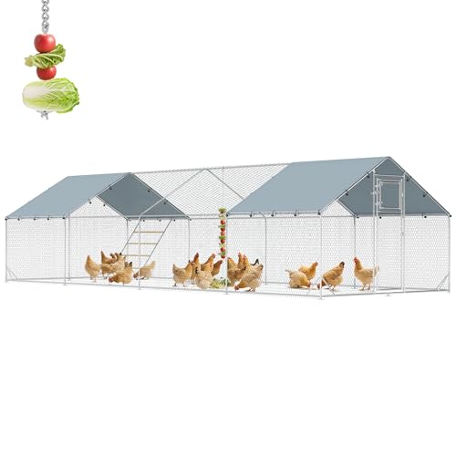PawHut Large Metal Chicken Coop, Walk in Chicken Run with Waterproof & Anti-UV Cover, Feeding Door, Hanging Feeder, Perch, Outdoor Duck Cage Rabbit Hutch Pen, for 24-30 Poultries, 9.8' x 26.2' x 6.4' - size: 315.0"L x 118.1"W x 76.8"H