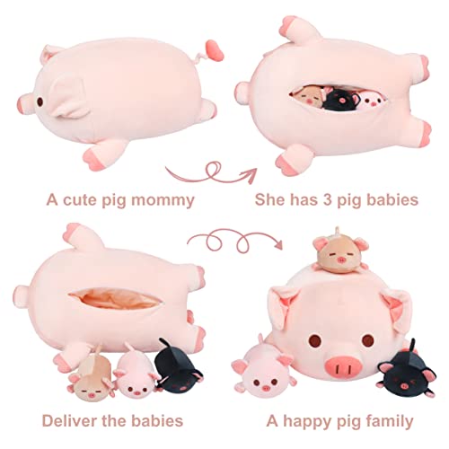Achwishap Pig Stuffed Animal Mommy 19.6” with 3 Pig Babies Plush,4 PCS Cute Pig Plushie Pillow,Kawaii Plush Toys Soft Hugging Pillow for Kids Girls Boys Birthday Gifts Plushies(Pink Pig Family) - color: Pink Pig-mother and Kids