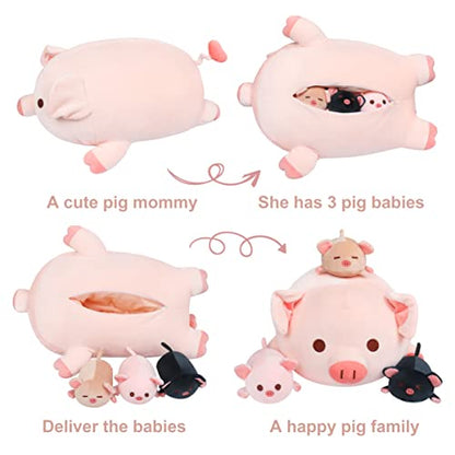 Achwishap Pig Stuffed Animal Mommy 19.6” with 3 Pig Babies Plush,4 PCS Cute Pig Plushie Pillow,Kawaii Plush Toys Soft Hugging Pillow for Kids Girls Boys Birthday Gifts Plushies(Pink Pig Family) - color: Pink Pig-mother and Kids