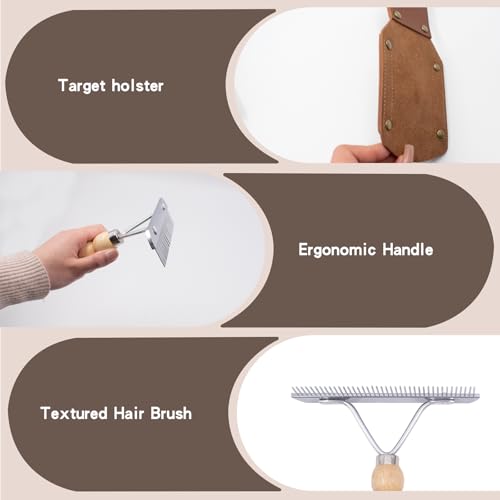 Leather Show Comb Holder and Mini Fluffer Comb Set, Livestock Show Comb Grooming Tool Holder with Metal Comb for Horse, Cattle, Dog, Cat, Goat