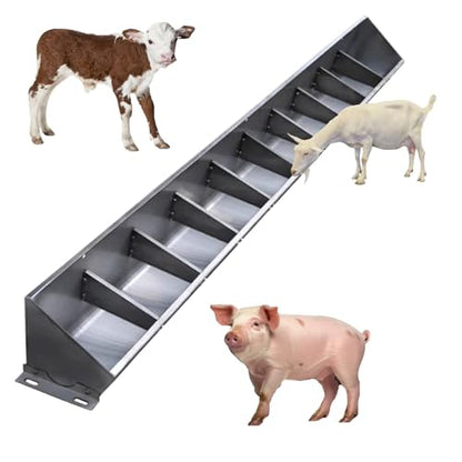 Hanging Heavy Duty Stainless Steel Livestock Feed Trough, 2-in-1 Sloped Opening Fence Feeder for Goats Pigs Sheep Cattle, Easy to Eat - size: 79 inch Long with 10 Bit