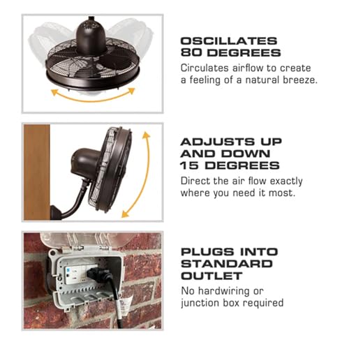 MULE Outdoor KWIK Install Wall Mount Oscillating Wet Rated Fan, Strong Airflow, 3 Speeds, 300 Degree Oscillation, 8 Foot Corded Electric, Matte Black