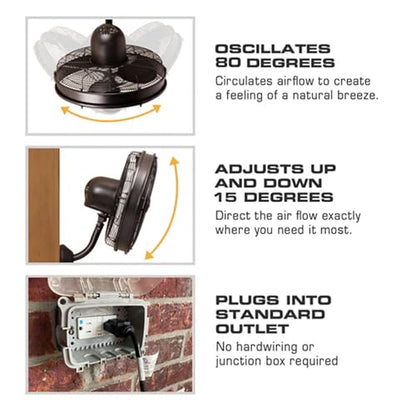 MULE Outdoor KWIK Install Wall Mount Oscillating Wet Rated Fan, Strong Airflow, 3 Speeds, 300 Degree Oscillation, 8 Foot Corded Electric, Matte Black