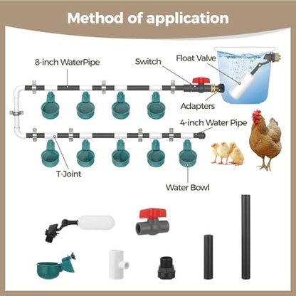 Complete Chicken Automatic Waterer System Kit - Includes 9 Chicken Water Cups, PVC Pipe, T-Joints, Float Valve, Poultry Watering, DIY Chicken Water Feeder for Broiler, Duck, Goose, Farm Birds