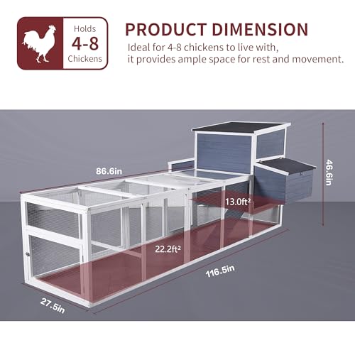 117'' Large Chicken Coop for 4-8 Chickens, Wooden Hen House with Run & 4 Nesting Boxes, Outdoor Poultry Cage Rabbit Cage Duck House with Ramps & Tray, 116.5''L*59''W*46.6''H - size: 116.5"L x 59.0"W x 46.6"H