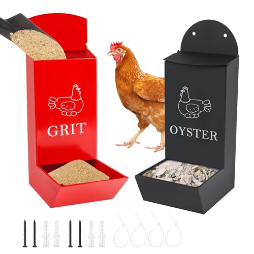 2Pack Chicken Grit Feeder, Metal Oyster Shell Feeder with Lid, Hanging Gravity Chicken Poultry Feeders Trough, Coop Accessories Supplies