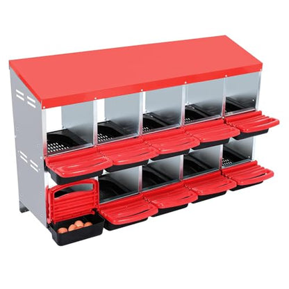 Chicken Nesting Box 10-Compartment – Roll Away Laying Boxes for Hens with Lid Cover & Egg Protection – Heavy Duty Red Poultry Nest Box