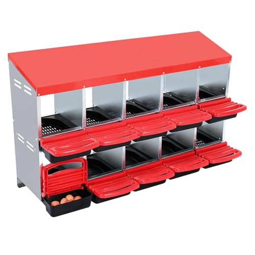 Chicken Nesting Box 10-Compartment – Roll Away Laying Boxes for Hens with Lid Cover & Egg Protection – Heavy Duty Red Poultry Nest Box