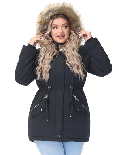 ROYAL MATRIX Women's Winter Coats Fleece Lined Parka Jacket Hooded Long Winter Warm Parka Coat with Pockets - color: Black Upgrade, size: 14