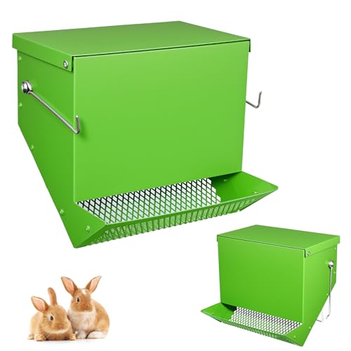 Rabbit Feeders Automatic for Cages,3.5 Pound Metal Trough Feeder with Lid Galvanized Steel Outdoor Bunny Food Dispenser for Rabbits Chicken Guinea Pig Pet and Other Small Animals Green