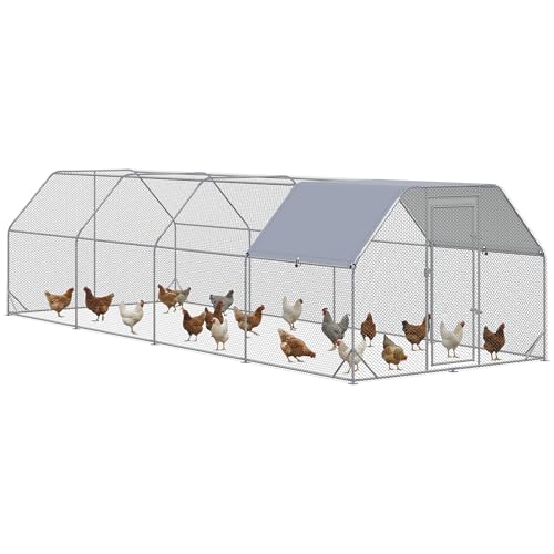 PawHut Large Chicken Coop Metal Chicken Run with Waterproof and Anti-UV Cover, Flat Shaped Walk in Fence Cage Hen House for Outdoor and Yard Farm Use, 1" Tube Diameter, 9.2' x 24.9' x 6.4' - size: 299.2"L x 110.2"W x 76.8"H