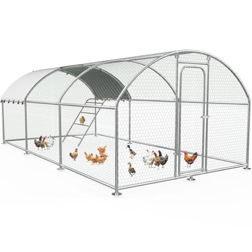 Large Metal Chicken Coop with Weatherproof Canopy for Farm and Backyard Animals Including Chickens, Ducks, and Rabbits (10’ W x 19.7’ L x 6.4’ H, Dome Roof-Roosting Perch)