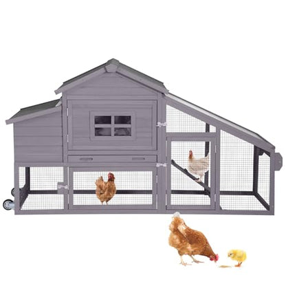 Mobile Chicken Coop with Wheels, Outdoor Hen House with Leak-Proof Tray, UV-Resistant Roof & Nesting Box for Chickens, Ducks, Rabbits (Grey) - color: Grey