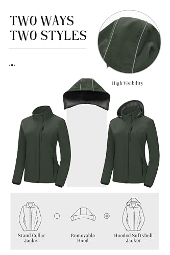 Pursky Women's Softshell Jacket Lightweight Fleece Lined Rain Jacket Waterproof Warm Windbreaker Coat With Removable Hood - color: Army Green, size: X-Small