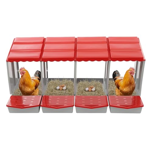 Chicken Nesting Boxes, 4 Compartment Nesting Boxes for Laying Eggs, Roll Away Nesting Box Egg Collection Tray, Wall Mount Poultry Roll Away Chicken Laying Boxes (Red) - color: 4 Compartment Nesting Boxes (Red)