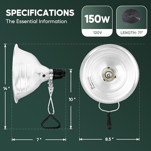 HealSmart 8.5" Clamp Light Socket, 150-Watt Maximum with 6 Feet 18/2 SPT-2 Cord, Aluminum Reflector E26 (no Bulb Included), for Reptiles and Plants Growing, 1-Pack - size: 8.5 Inch (150 Watts), style: 1-Pack