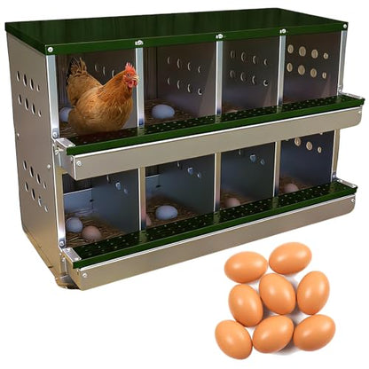 GarveeTech Chicken Nesting Box for Laying Eggs, 8 Compartment Galvanized Steel Laying Boxes for Hens with Front Access Tray, Easy Wall Mount, Includes 8 Training Eggs - color: Green