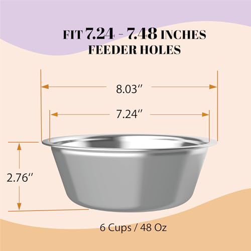 AVERYDAY 48oz Stainless Steel Dog Bowls Set, 2 Pack for Replacement Dogs Bowl Stand, 6 Cups Metal Dog Bowls, 8 Inch Medium Large Dogs Water Bowl for Raised Feeder with Opening 7.24-7.48" - size: Fit 7.24-7.48" Feeder Holes (6 Cups)