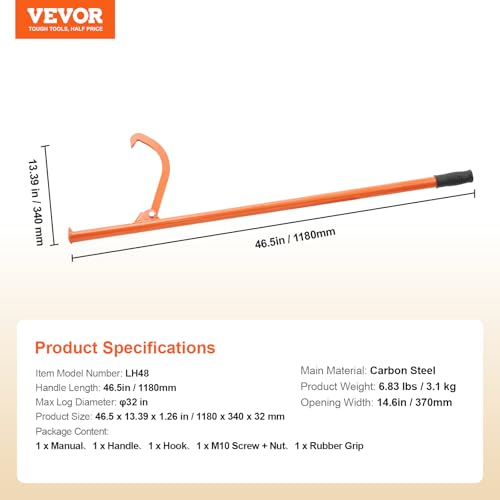 VEVOR 46.5'' Felled Cant Hook Logging Tool, Adjustable Heavy Duty Steel Log Roller, Log Lifter Timber Jack with Rubber Grip, Forestry Logging Tools for Lifting and Handling Logs up to 32" Dia - size: Cant Hook 46.5''
