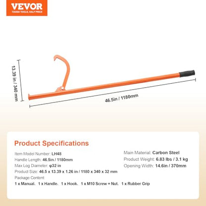 VEVOR 46.5'' Felled Cant Hook Logging Tool, Adjustable Heavy Duty Steel Log Roller, Log Lifter Timber Jack with Rubber Grip, Forestry Logging Tools for Lifting and Handling Logs up to 32" Dia - size: Cant Hook 46.5''