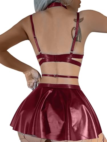 Lilosy Sexy Stocking Chocker Strappy Underwire O Ring Push Up Garter Belt Women Skirt 5 Piece - color: Wine Red, size: Large