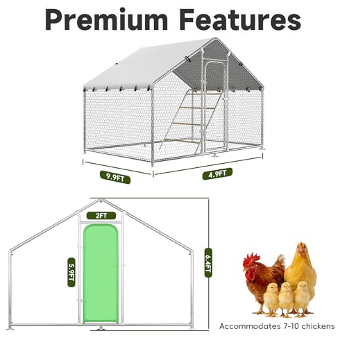 Large Metal Chicken Coop with Roosting Perch, UV-Resistant and Waterproof Cover, Chicken Run Outdoor Walk-in Cage Rabbit Duck Hen House for Yard Farm Use Spire Roof (10’ W x 4.9’ L x 6.4’ H) - size: 59.9"L x 118.0"W x 78.0"H