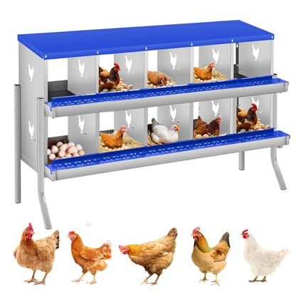 10 Compartment Chicken Nesting Boxes, Metal Roll Away Egg Laying Boxes with Removable Tray & Lid Cover, Chicken Coop Nest Box for Hens, Egg Protection Design (with Legs) Blue - color: Blue, size: 10 hole - with leg