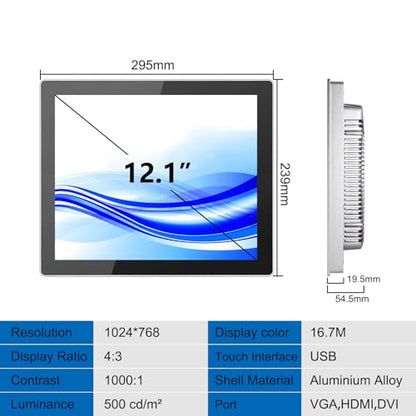 GreenTouch 12.1 Inch Front IP65 Panel Rugged Metal Case Display Touch Screen Industrial Grade Open Frame LCD Monitor - 1024 * 768 - Silver - size: 12.1 IN