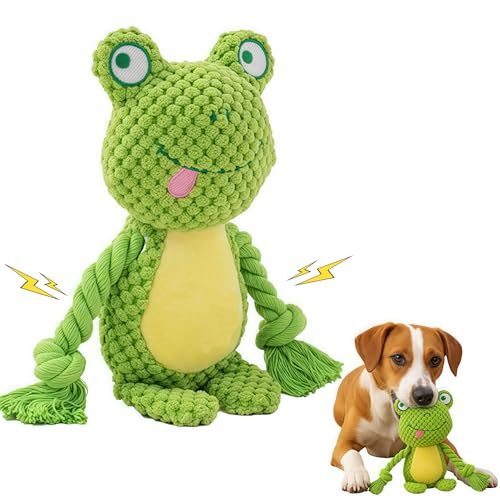 Cotton Rope Squeaky Dog Toy with Crinkle Paper – Interactive Plush Chew Toy for Small & Medium Puppies, Frog Design - color: Green