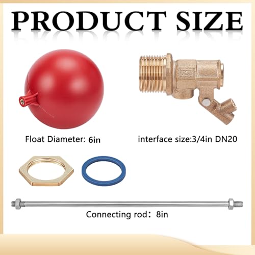 2 Pack 3/4 Inch Brass Float Valve for Water Tank, 6 Inch Float Ball with Adjustable Angle Rod Sink Trough Valve for Automatic Water Level Control