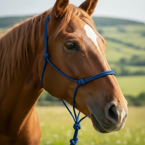 Rope Horse Halter, Braided Training Halter with Hand-Knotted Design, Multiple Sizes for Yearling, Small, Mule & Standard Horses, Lightweight Metal-Free Control Halter - color: Blue, size: Standar