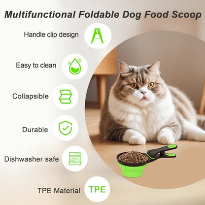 Collapsible Silicone Dog Food Scoop Foldable Pet Food Measuring Cup with Bag Clip 3 in 1 Multi-Function Silicone Dog Food Scooper (Green, Medium) - color: Green, size: Medium