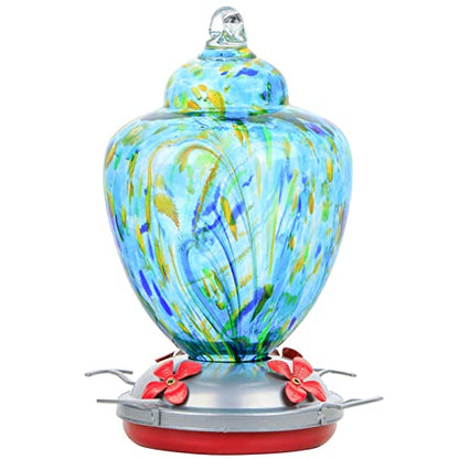 REZIPO Hummingbird Feeder with Perch - Hand Blown Glass - Light Green - 38 Fluid Ounces Hummingbird Nectar Capacity Include Hanging Wires and Moat Hook - color: Light Green