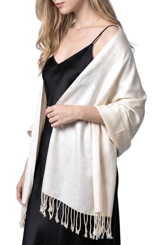 Achillea Two-Tone Vintage Paisley Pashmina Scarf – Lightweight Wrap & Shawl for Dresses, Weddings, Travel, All Seasons - color: Ivory