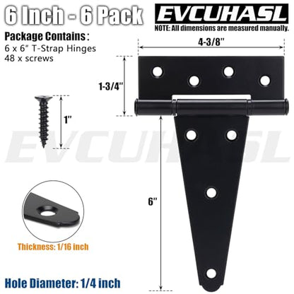 6 Inch T-Strap Gate Hinges, Shed Barn Door Hinges Heavy Duty, Black Tee Hinges for Wooden Fences, Yard Gate, Wrought Hardware Iron Rustproof (6 Pack/Set) - size: 6 Inch
