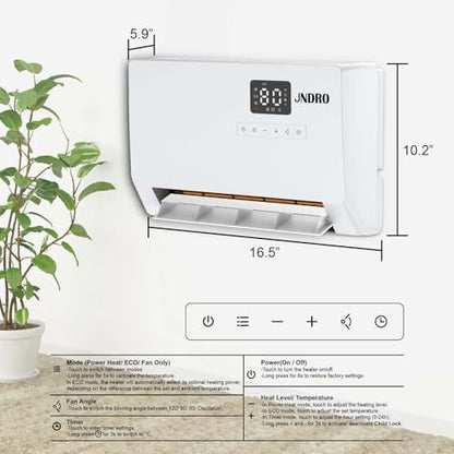 Wall-Mounted Space Heater with ECO Thermostat and Remote Control, LED Display, 60°/90°/120° Oscillation Modes, 24-Hour Timer, Indoor Electric Space Heater - size: 16.5" W