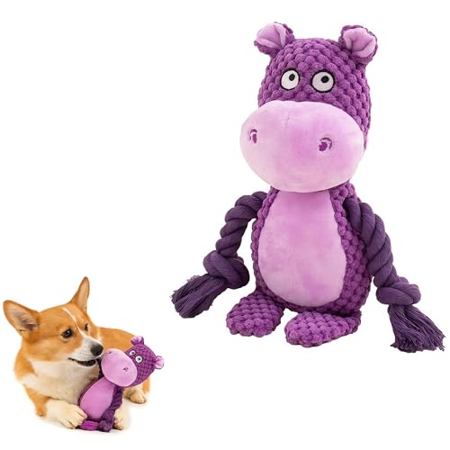 Plush Hippo Dog Toy with Rope Arms, Squeaky Interactive Pet Toy, Purple, for Small & Medium Dogs - color: Purple