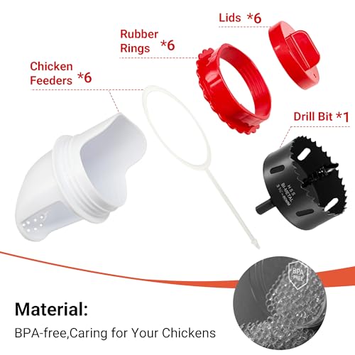 Chicken Feeder Port Kit 6 Pack, Cilkus DIY Automatic Poultry Feeder Cups for Buckets & Bins, No Waste Gravity Feed Chicken Feeder Ports with Covers for Hens, Ducks and Poultry (6-Pack) - size: 6-Pack